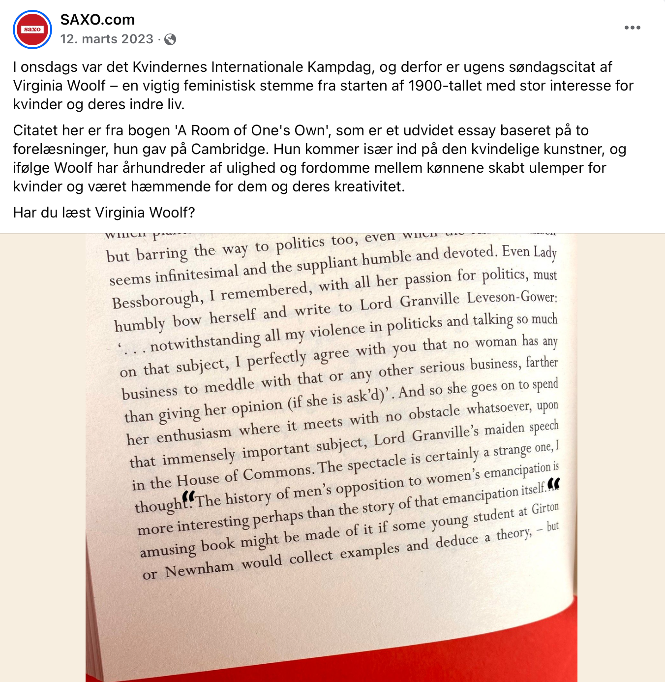Facebook opslag fra Saxo.com om Virginia Woolf