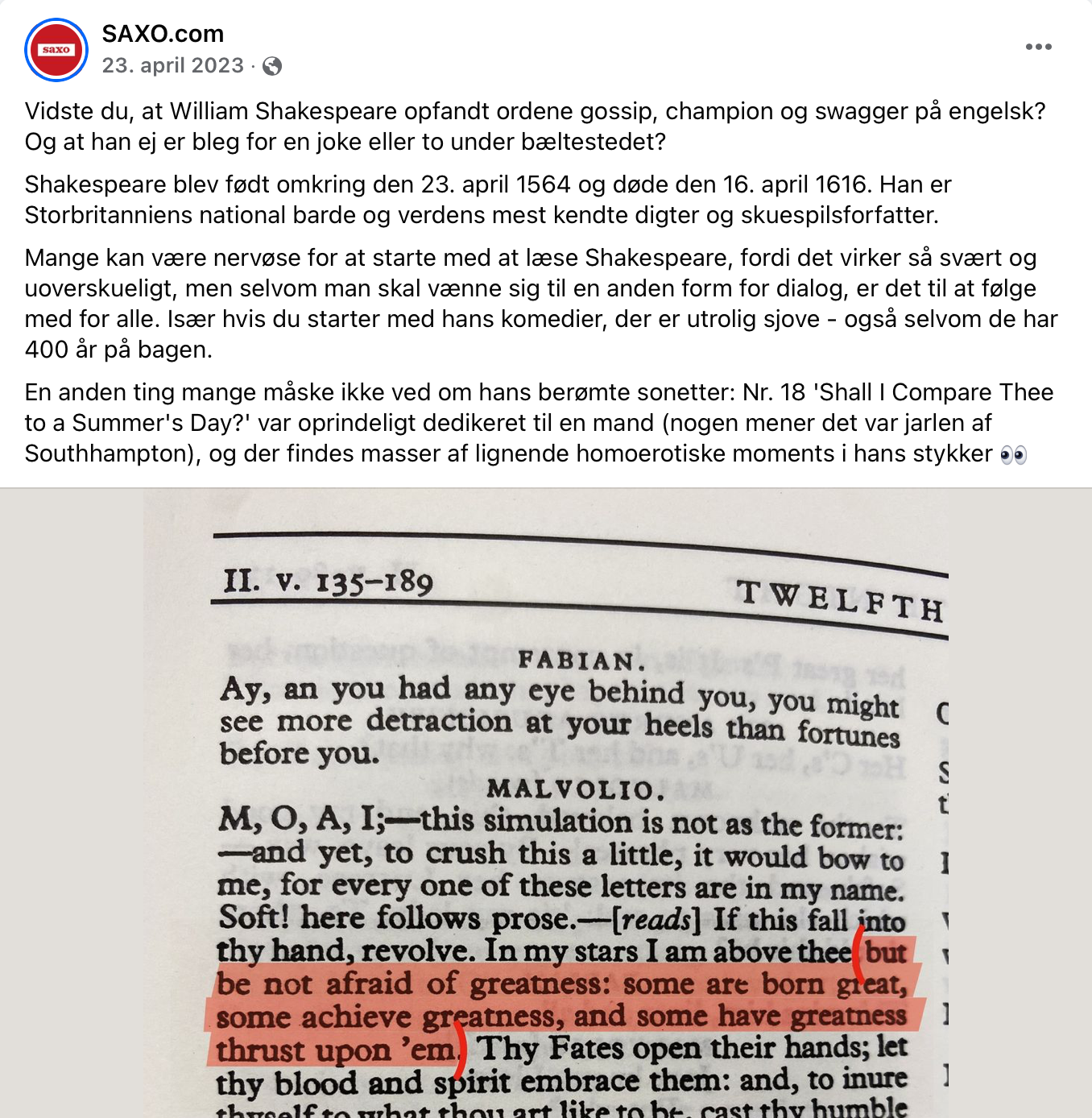Facebook opslag fra Saxo.com om William Shakespeare
