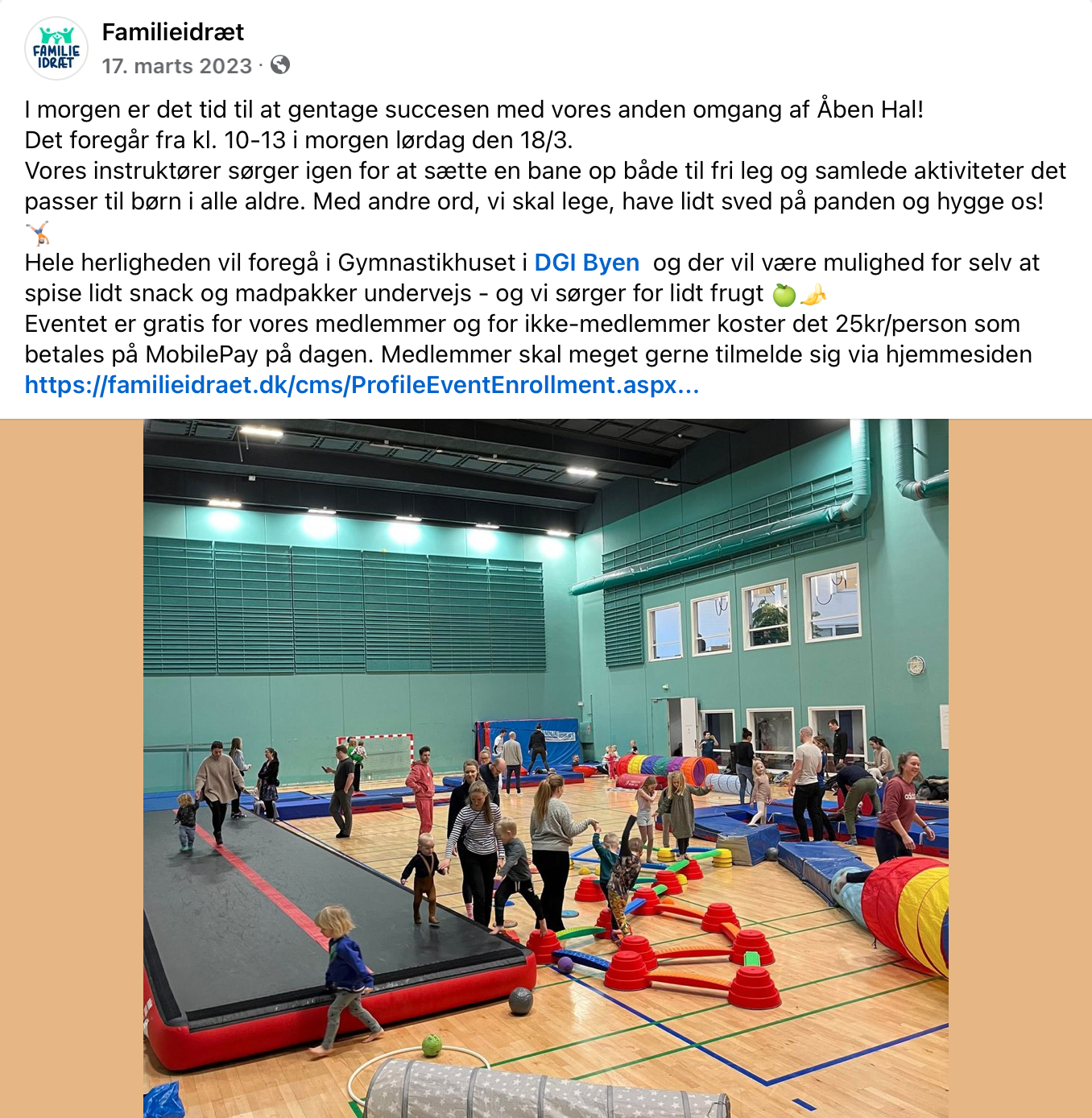 Facebook opslag fra Familieidræt om event