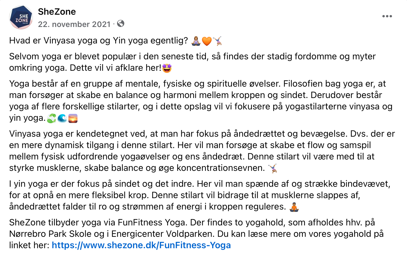 Facebook opslag fra SheZone om yoga